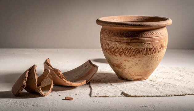 Clay pot with broken fragments ancient decorative patterns