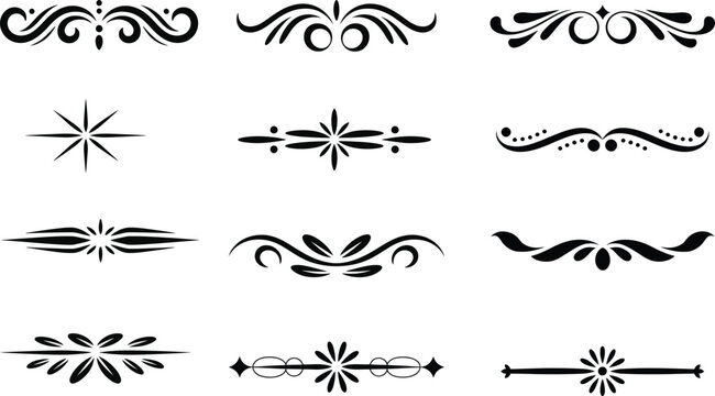 Set of flourish ornaments and decorative swirls Text dividers, wedding. Ornate, fancy elegant page Separators design elements, Ornamental scrolls Border