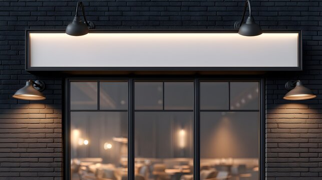Modern storefront mockup with blank signage, black brick wall exterior, illuminated shop front with glowing light box and lamps