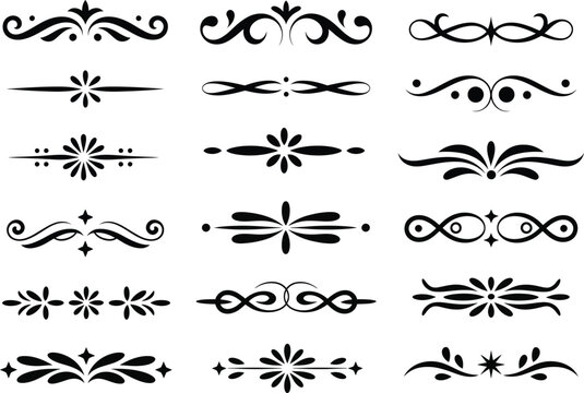 Set of flourish ornaments and decorative swirls Text dividers, wedding. Ornate, fancy elegant page Separators design elements, Ornamental scrolls Border