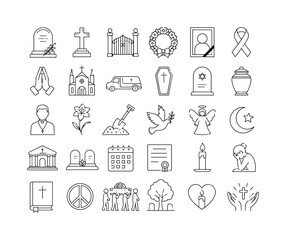 Fototapeta premium Funeral Memorial Services, line icon set, create exactly 30 editable thin outline icons arranged in a 6x5 grid: tombstone, grave cross, cemetery gate, funeral wreath, memorial portrait, mourning