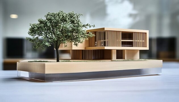Minimalist architectural scale model of a contemporary modern dwelling house with a backyard tree.