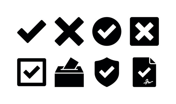 Check Cross Symbols, solid glyph icon set featuring checkmark, cross mark, circle approval, square rejection, checkbox, voting icon, permission badge and contract status symbol, covering yes and no,