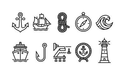 Fototapeta premium Nautical Travel Marks, line icon set featuring anchor, ship, rope, compass, ocean wave, cruise ship, fishing hook, harbor, sailor badge, lighthouse, covering sailing, maritime travel, ports, fishing,