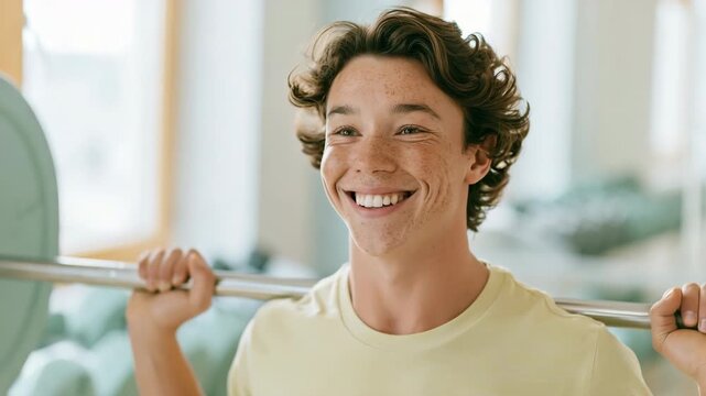 Close-up portrait of a young freckled man holding a barbell on his shoulders in gym for fitness poster and background use