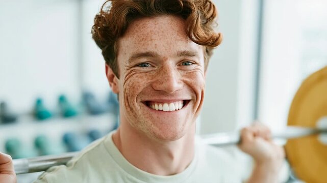 Close-up portrait of a young freckled man weightlifting in a gym for fitness background and banner design