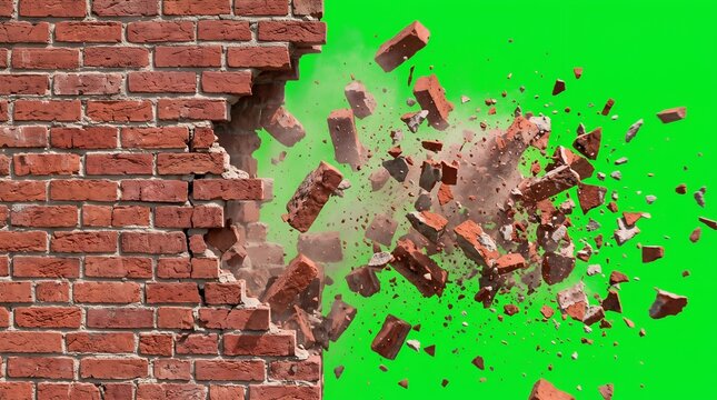 Red brick wall exploding with flying debris on green screen background for VFX