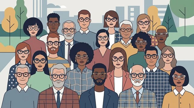 Diverse multicultural people headshot crowd in flat design style