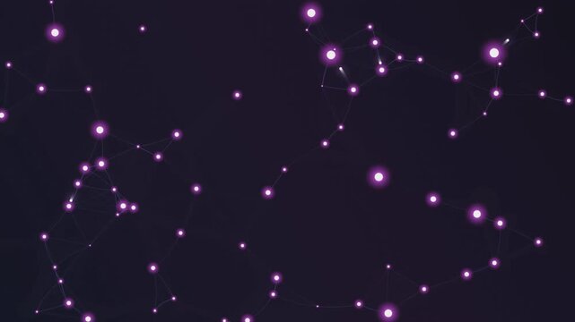 Abstract purple glowing network of dots and lines in constant motion.