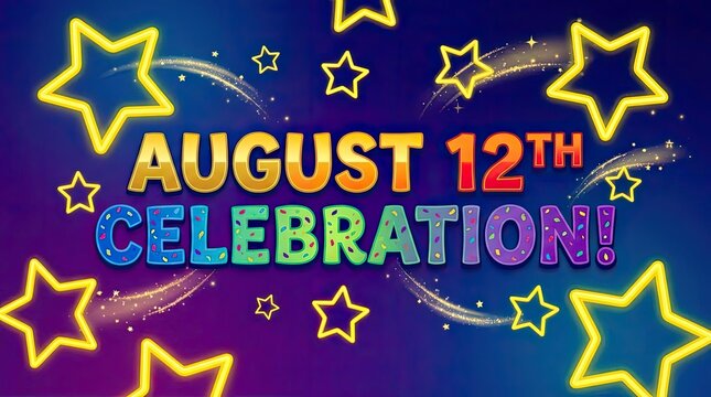 August 12th celebration text with glowing stars background.