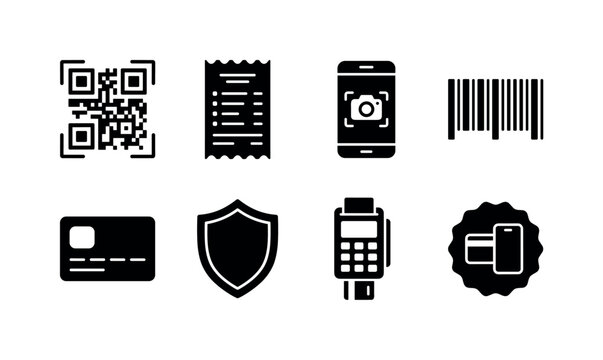 QR Payment Process, solid glyph icon set featuring QR code, receipt, smartphone scanner, barcode, payment card, secure shield, checkout terminal and cashless badge, covering mobile payments, shopping,
