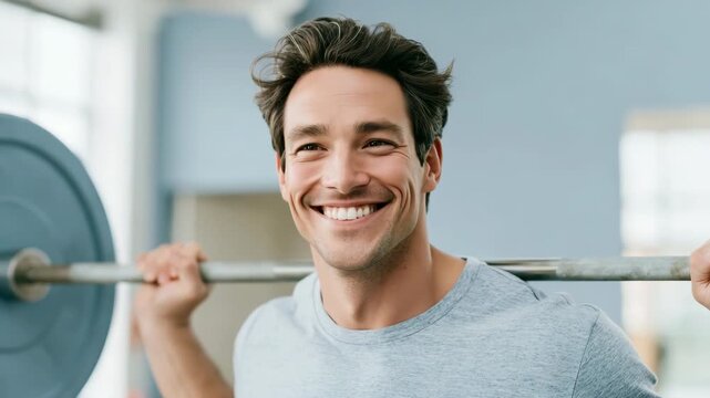 Man lifting barbell at gym with focused expression for fitness poster design and workout background