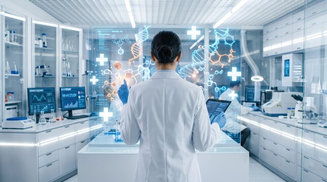 Female scientist analyzing holographic DNA structure and molecular data in modern laboratory, biotechnology research with futuristic interface and medical science innovation.