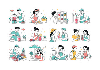 Fototapeta premium Frozen Fruit Mocktail Bar. Alcohol-free drinks, summer festivals, frozen fruit, cooling beverages, healthy refreshment, outdoor bars, and colorful mocktails. 12 minimalist editorial vector scenes: