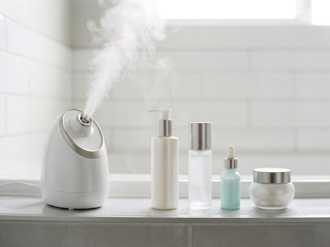 Facial steamer device and skincare products displayed on bathroom counter surface.