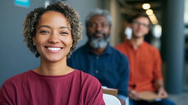 Smiling woman in a training class with seated participants for corporate workshop background and team development banner design