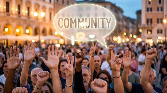 Crowd with raised hands and community speech bubble.