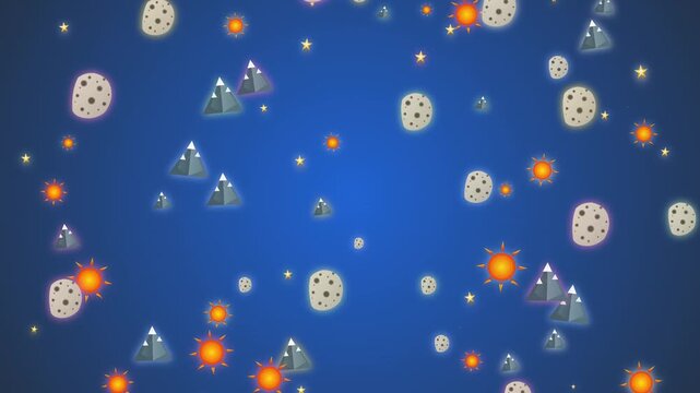 Animated Flat Icons of Mountains Moons and Suns Floating on Blue Background