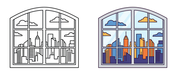 Obraz premium Arched window view with city skyline illustration