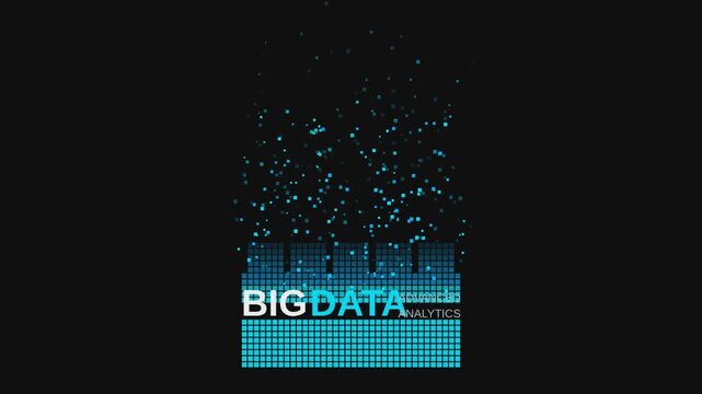 Big data analytics abstract graphic with flowing blue digital cubes and particles.