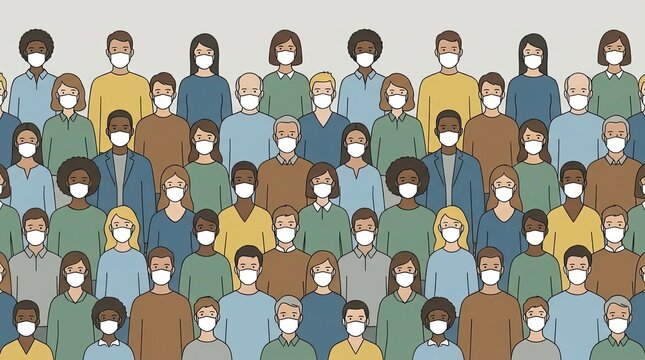 Diverse crowd of people wearing protective face masks