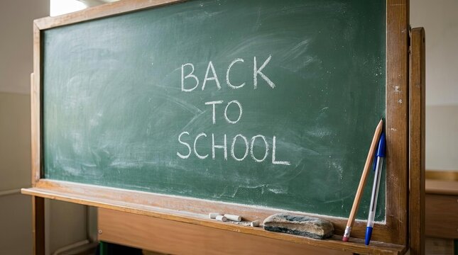 Back to School text on green classroom chalkboard.