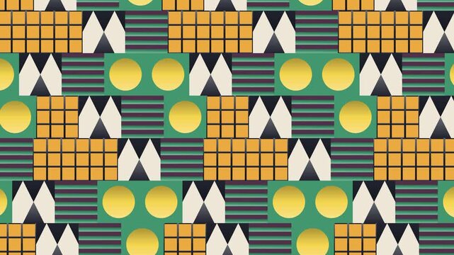 Seamless abstract pattern loop in maroon, green, yellow - creative animated 4K motion background for video editing, social media and presentation