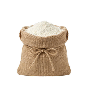 Full burlap sack overflowing with fine white flour tied with twine