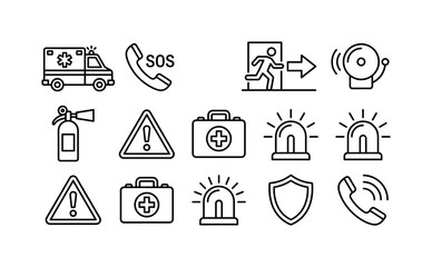 Fototapeta premium Emergency Safety Services, line icon set featuring ambulance, SOS phone, evacuation exit, alarm bell, fire extinguisher, warning triangle, first aid kit, siren, emergency shield and hotline handset,