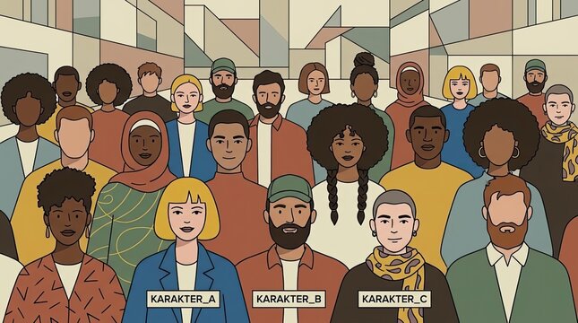 Diverse group of people flat character illustration.