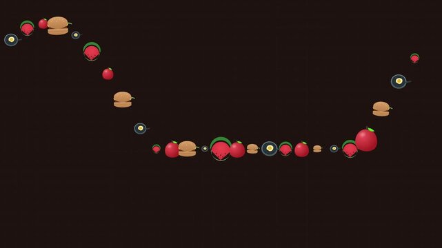 Animated Food Icons Moving in Wavy Patterns on Dark Grid Background