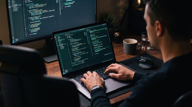 Male software developer coding on laptop at night, writing programming code for web development project in dark office environment.