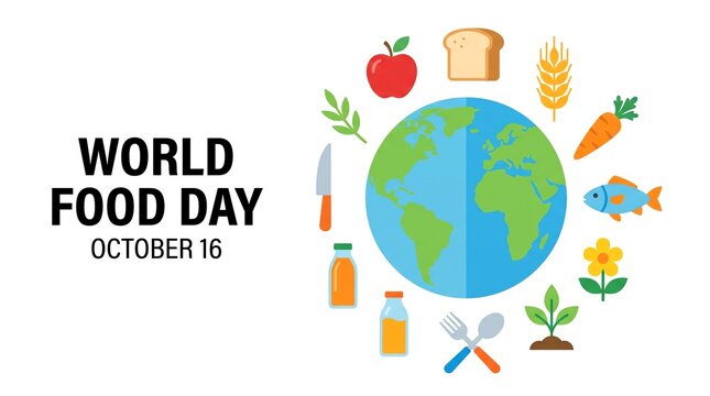 World Food Day illustration with globe and food icons