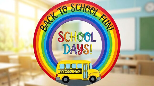 Back to school fun badge with yellow bus graphic.