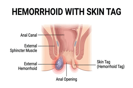 Anatomical Illustration of External Hemorrhoids and Perianal Skin Tags in the Human Anus