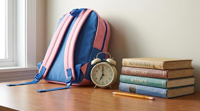 Blue backpack with clock and stacked school books.