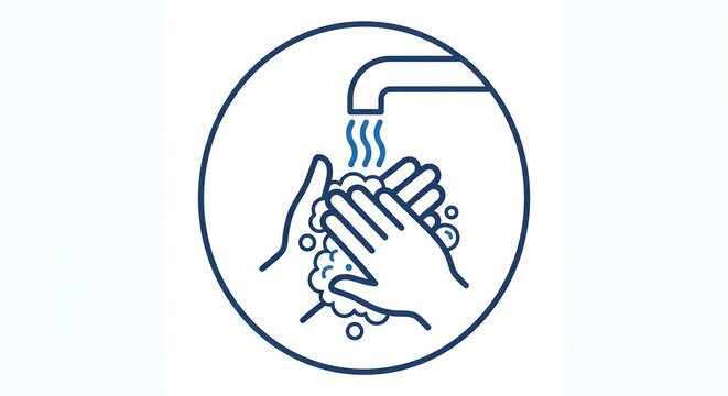 Hygiene concept circular icon depicting hands being washed with water from a faucet and soap bubbles vector illustration