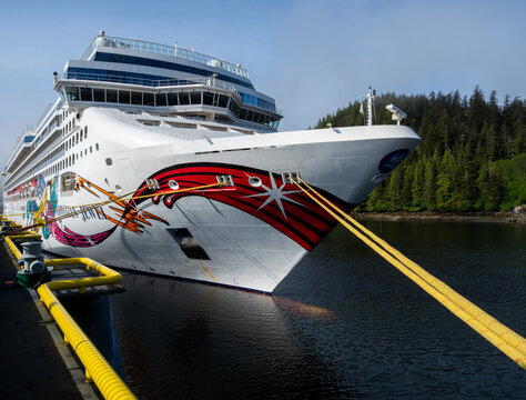 Ketchikan, Alaska, USA - June 1, 2022: Norwegian Jewel cruise liner docked at Ward Cove cruise ship terminal in Ketchikan