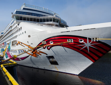 Ketchikan, Alaska, USA - June 1, 2022: Norwegian Jewel cruise liner docked at Ward Cove cruise ship terminal in Ketchikan