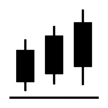 Three simplified black candlestick charts with increasing height and volume on a clean white background for financial trends.