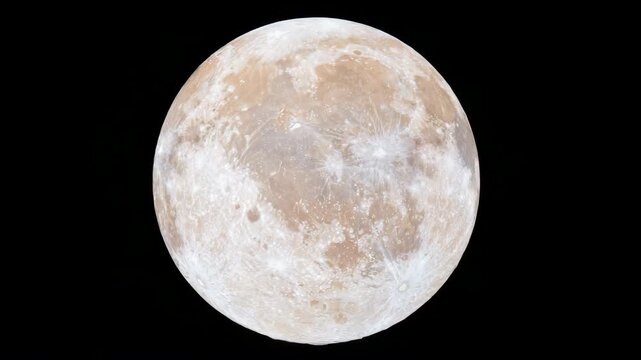 Slow zoom in on full moon rotating subtly against black night sky showing lunar surface details and crater textures