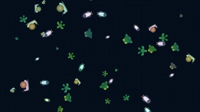Animated Pattern of Cute Animals Floating on Dark Grid Background