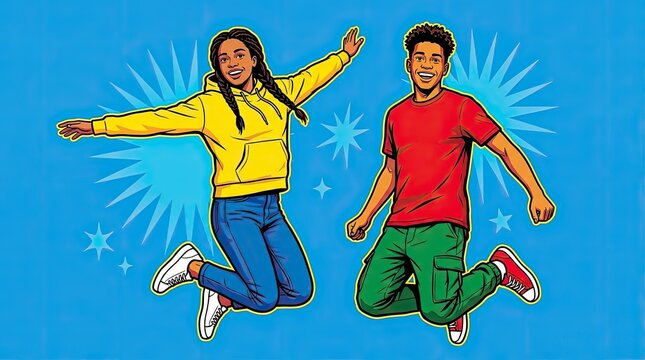 Comic style illustration of two jumping happy teenagers.
