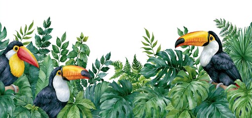 Naklejka premium Colorful toucans perched among dense tropical leaves create a lively summer-themed decorative border.