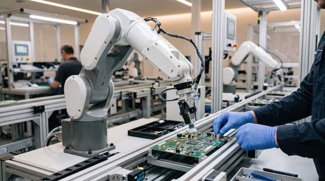 Collaborative robot working alongside a human technician to assemble electronic components, illustrating the integration of robotics and manual labor in production.