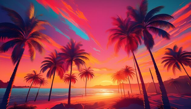 Palm Trees Glow Orange Sky Turns Pink Bright Unreal Colors Feels Like Summer Vacation