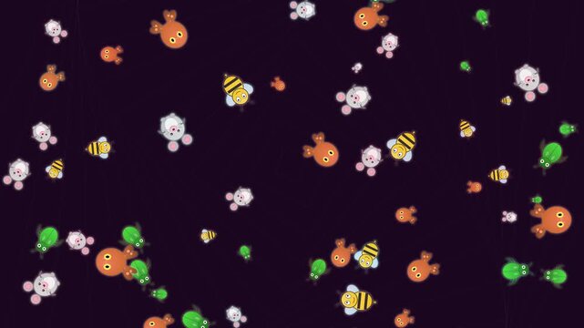 Animated Pattern of Cute Cartoon Animals Rotating on Dark Background