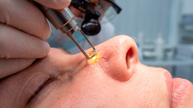Dermatologist treating facial spider veins and broken capillaries on a female patient nose wing using advanced laser therapy device in a professional aesthetic clinic.