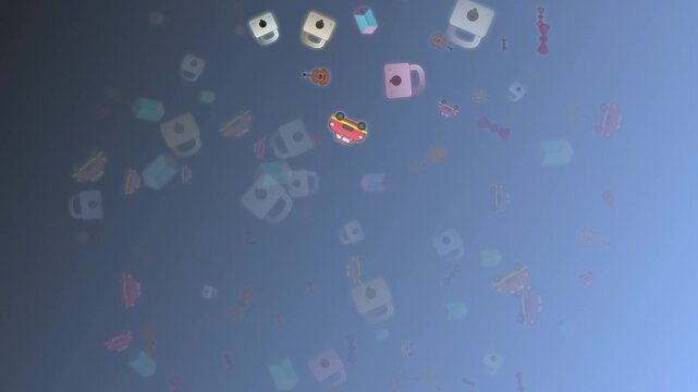 Animated pattern of floating cartoon locks cars and guitars on blue