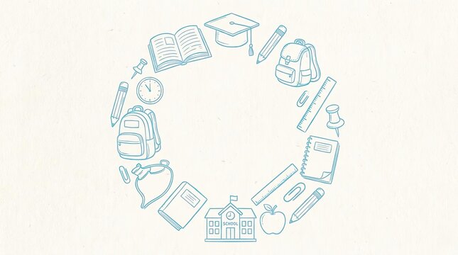 Blue circular wreath of school supplies.